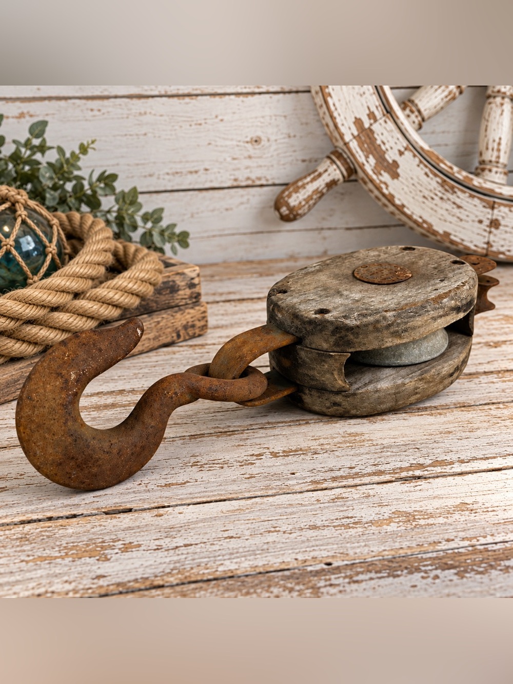 Vintage Wood & Iron Single Pulley Block 12" Nautical Maritime Industrial Decor